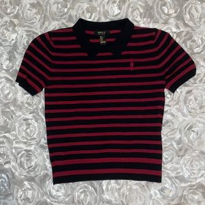 Red and Black Striped Collar Crop Shirt